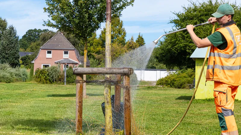 Ein Mitarbeiter des TBZ in Warnweste bewässert mit einem Schlauch einen Jungbaum, das Wasser geht als Strahl auf den Erdhügel am Stamm