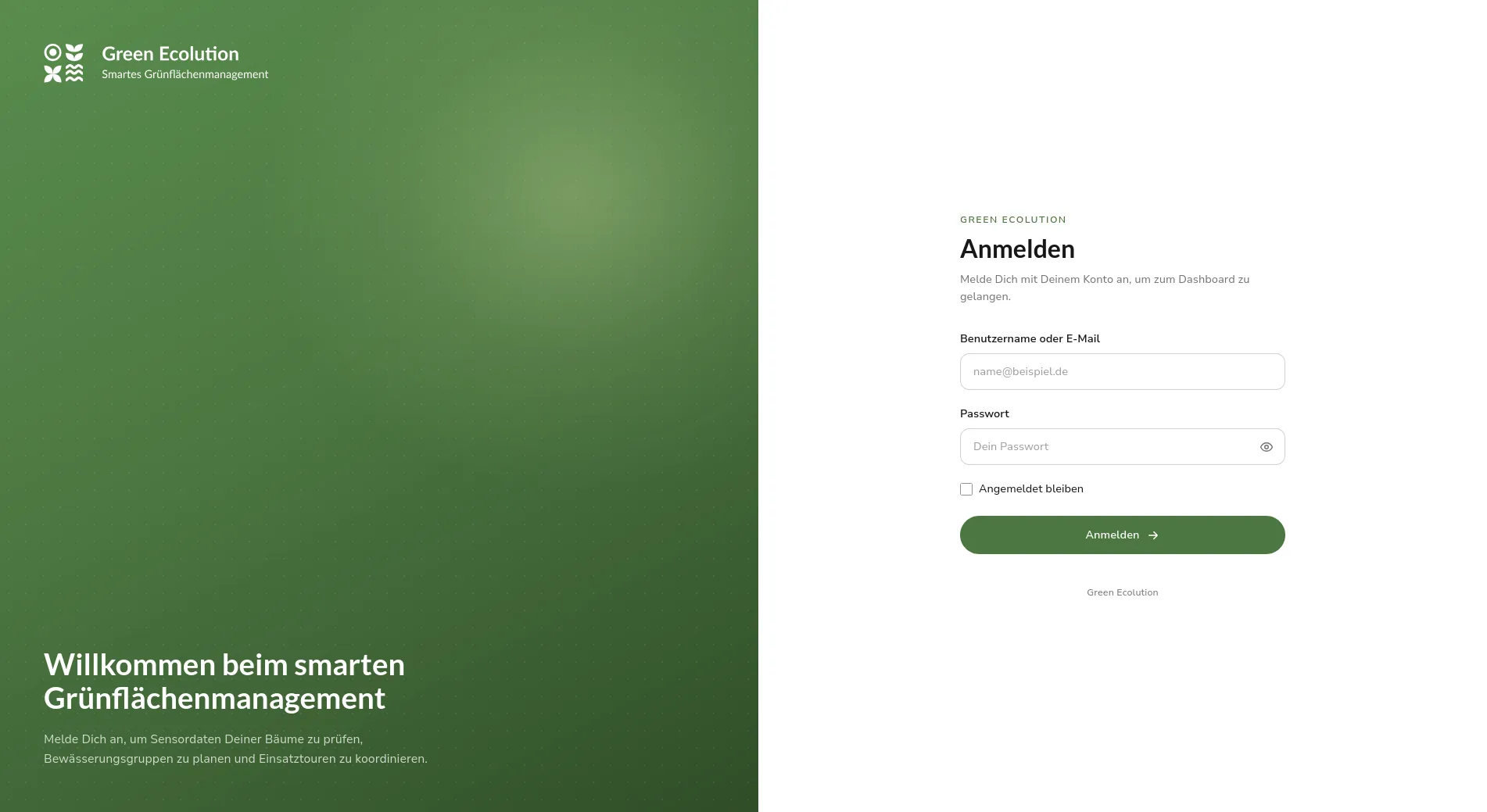 Anmeldeseite mit grünem Markenbereich links und dem Anmeldeformular für Benutzername und Passwort rechts