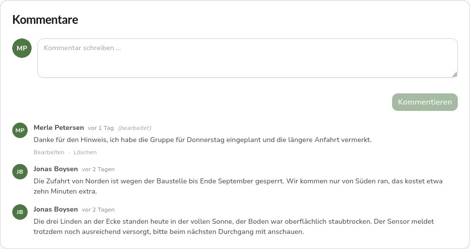Kommentarbereich einer Bewässerungsgruppe mit Eingabefeld und drei Einträgen von zwei Personen, die jüngste Antwort ist als bearbeitet gekennzeichnet
